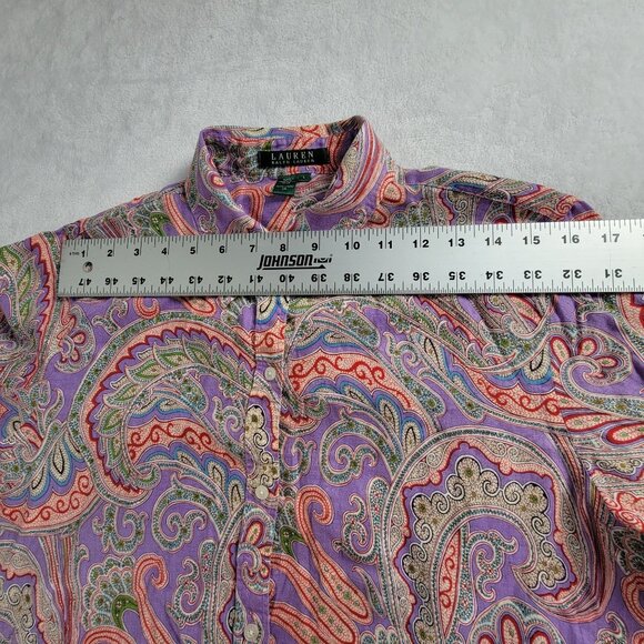 Lauren Ralph Lauren Women Paisley Linen Button-Up Blouse Shirt Large Multicolor - Picture 6 of 8